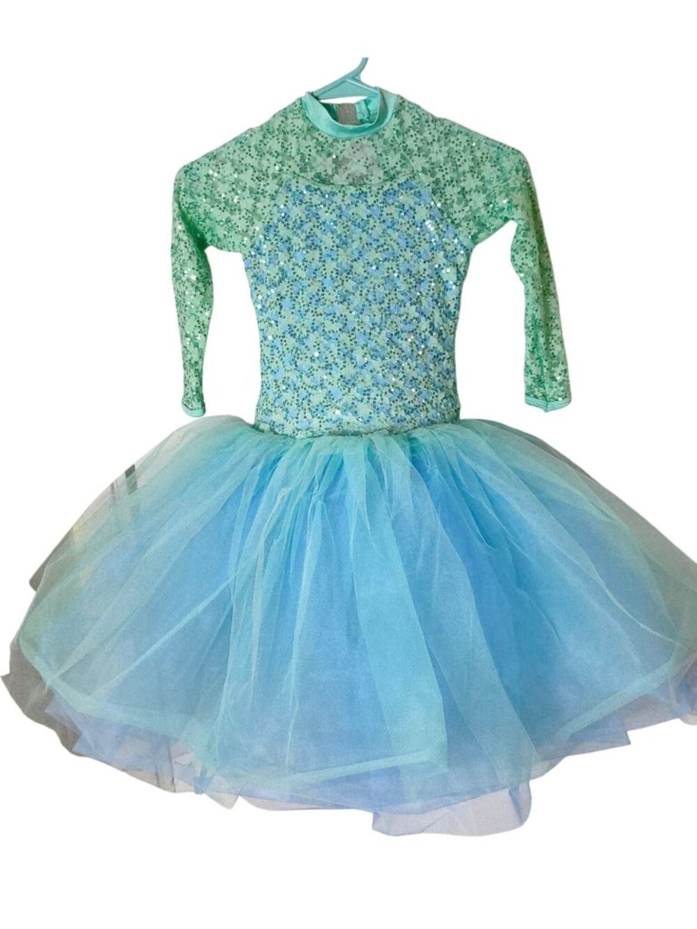 Curtain Call Costumes Girls M Sequin Lace Dress Tutu Aqua Blue LS Dancewear